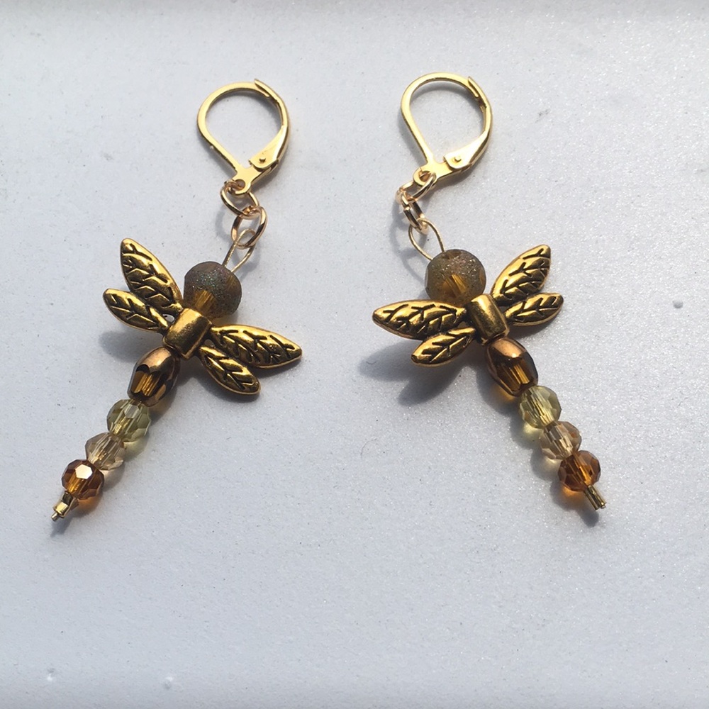 🟥Brand New Dragonfly Stainless Steel Gold Tone, Lever Back Earrings, Handcrafted